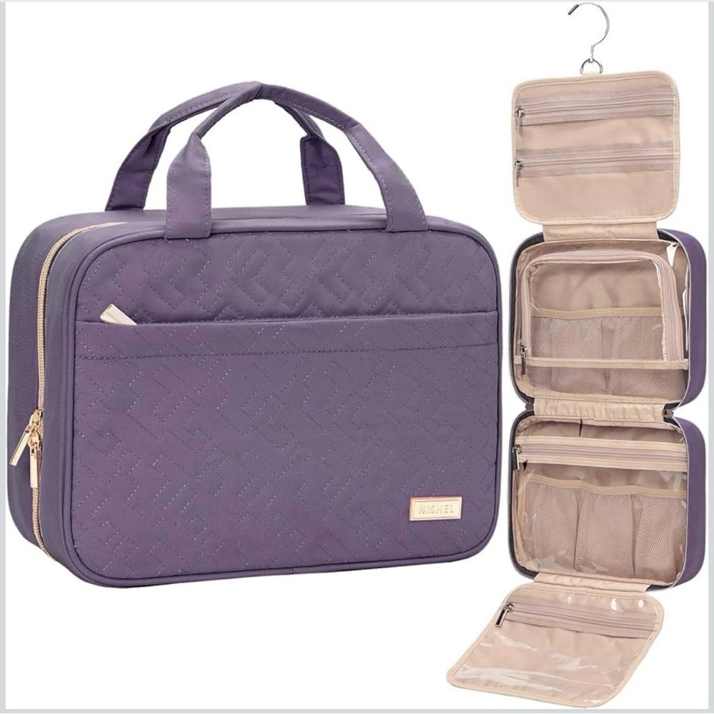 Hanging Toiletry Bag Makeup Case Purple Zip Carry Handle
